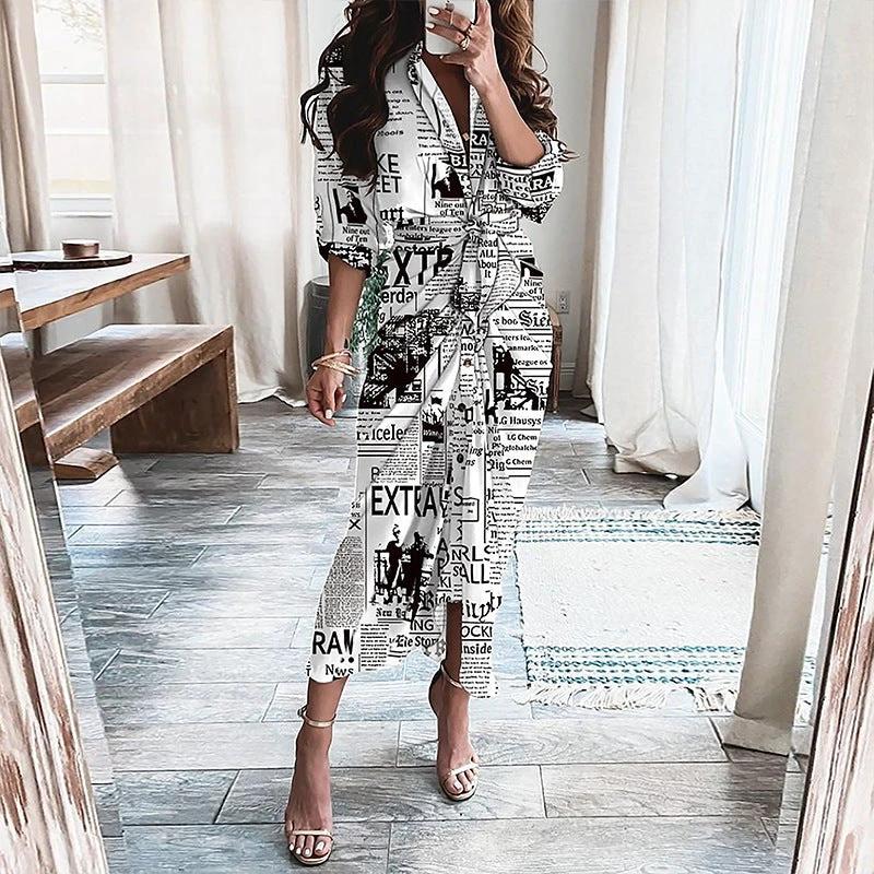 Mandotos European And American Print Long Sleeve Laceup Button Front Shirt Dress