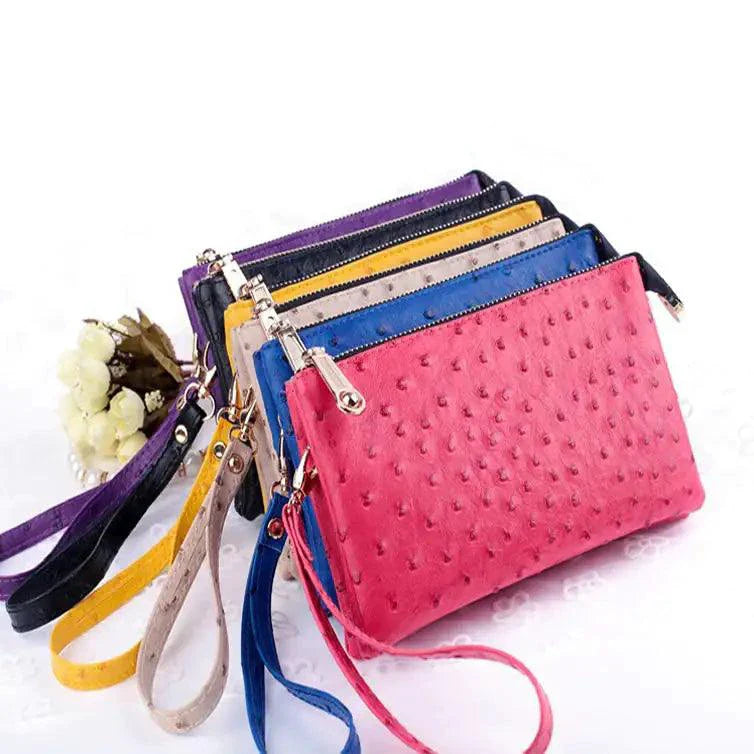 MANDOTOS Chic Faux Ostrich Clutch Wristlet In Six Vibrant Shades With Zippered Pocket