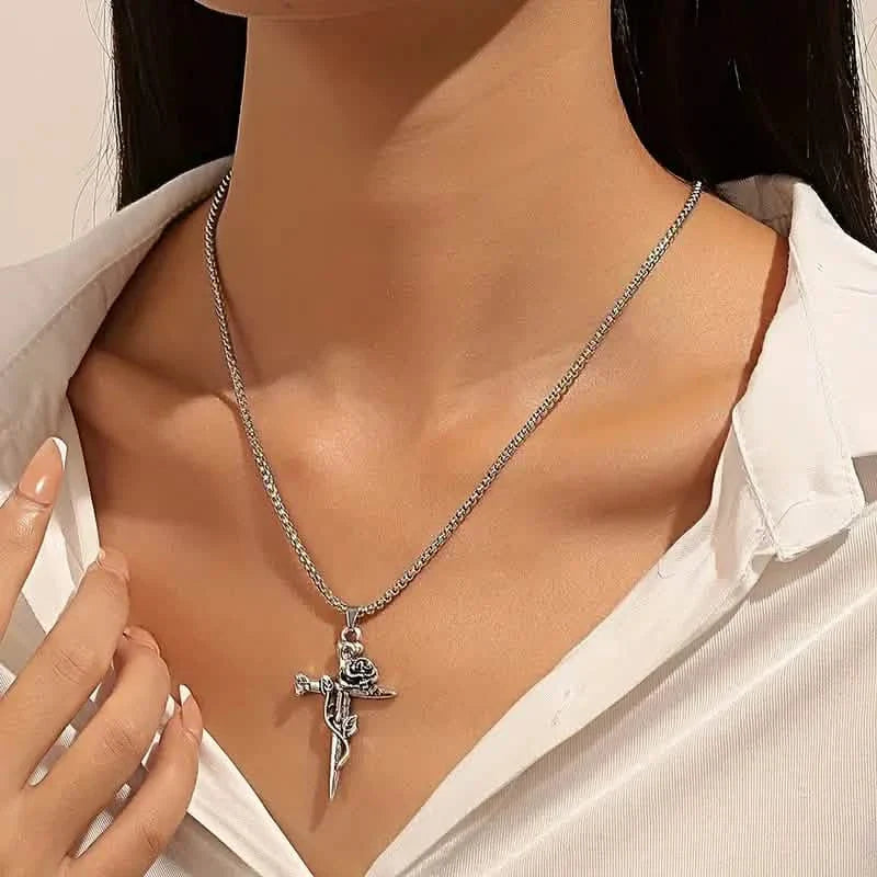 Vintage-Inspired Men's Titanium Steel Pendant Necklace - Unique Keel Chain Design with Cross and Rose Accents