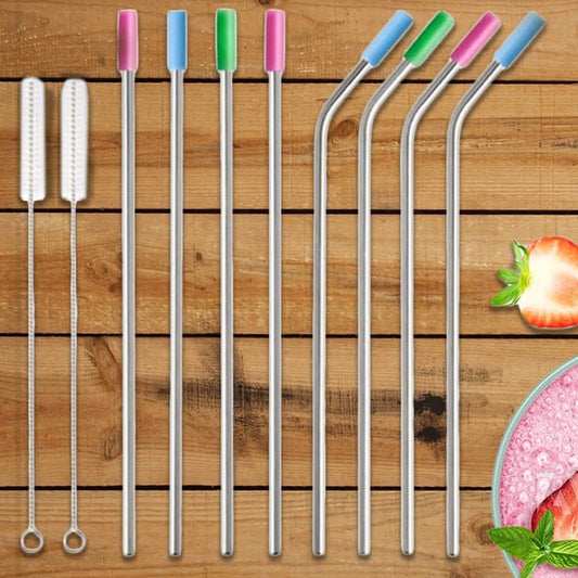 10-Pack: Stainless Steel Extra Wide Drinking Straws with Colored Silicone Tops