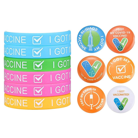 12-Pack: I Got My Covid-19 Vaccine Wristband Bracelets with Badges