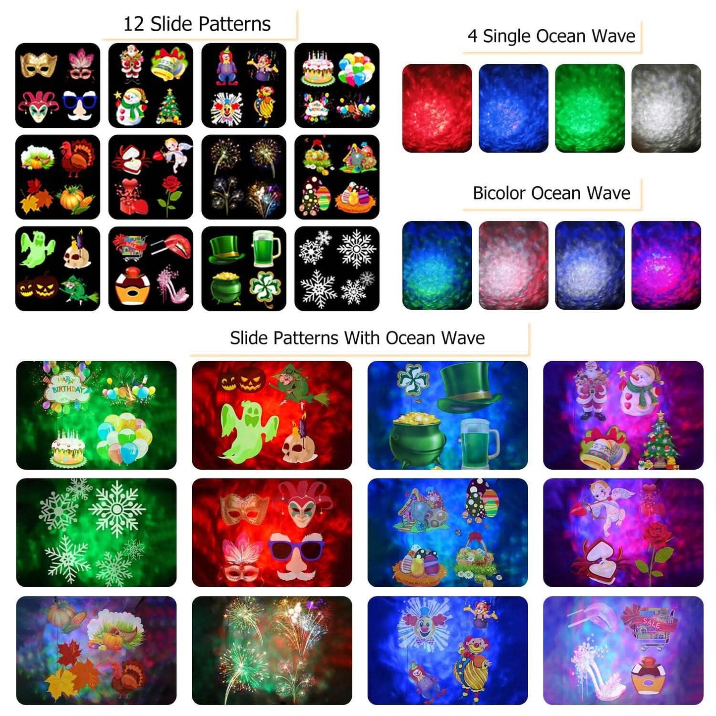 12 Patterns LED Projector Lights IP65 Waterproof Ocean Wave Projector Lamp with Remote Control Timer