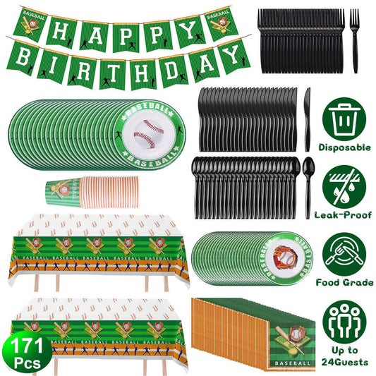 171-Pieces: Baseball Birthday Party Disposable Dinnerware Set
