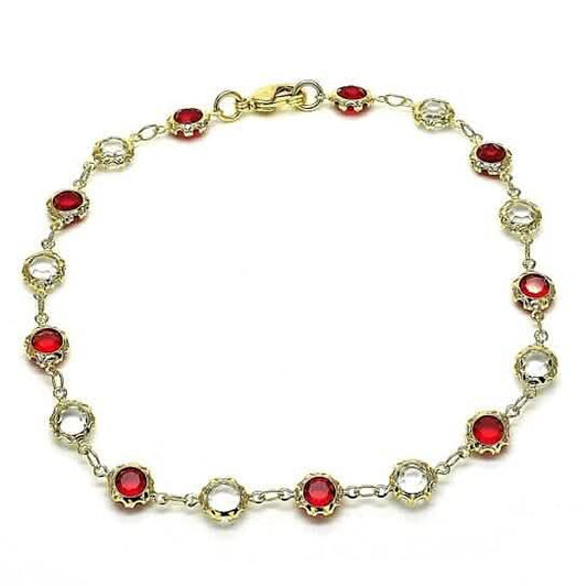 18k Gold Filled High Polish Finsh Gold Crystal Red And White Round Anklet 10''