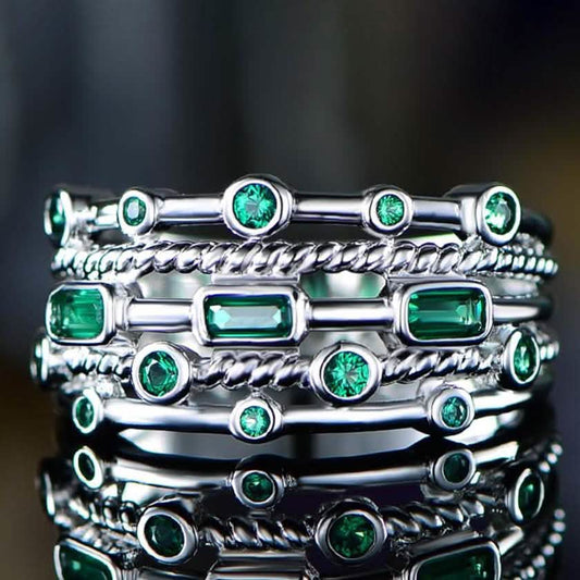 18K White Gold Plated 5 Layer Green Emerald Ring