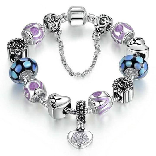 18kt White Gold Plated Murano Glass And Heart Charm Bracelet