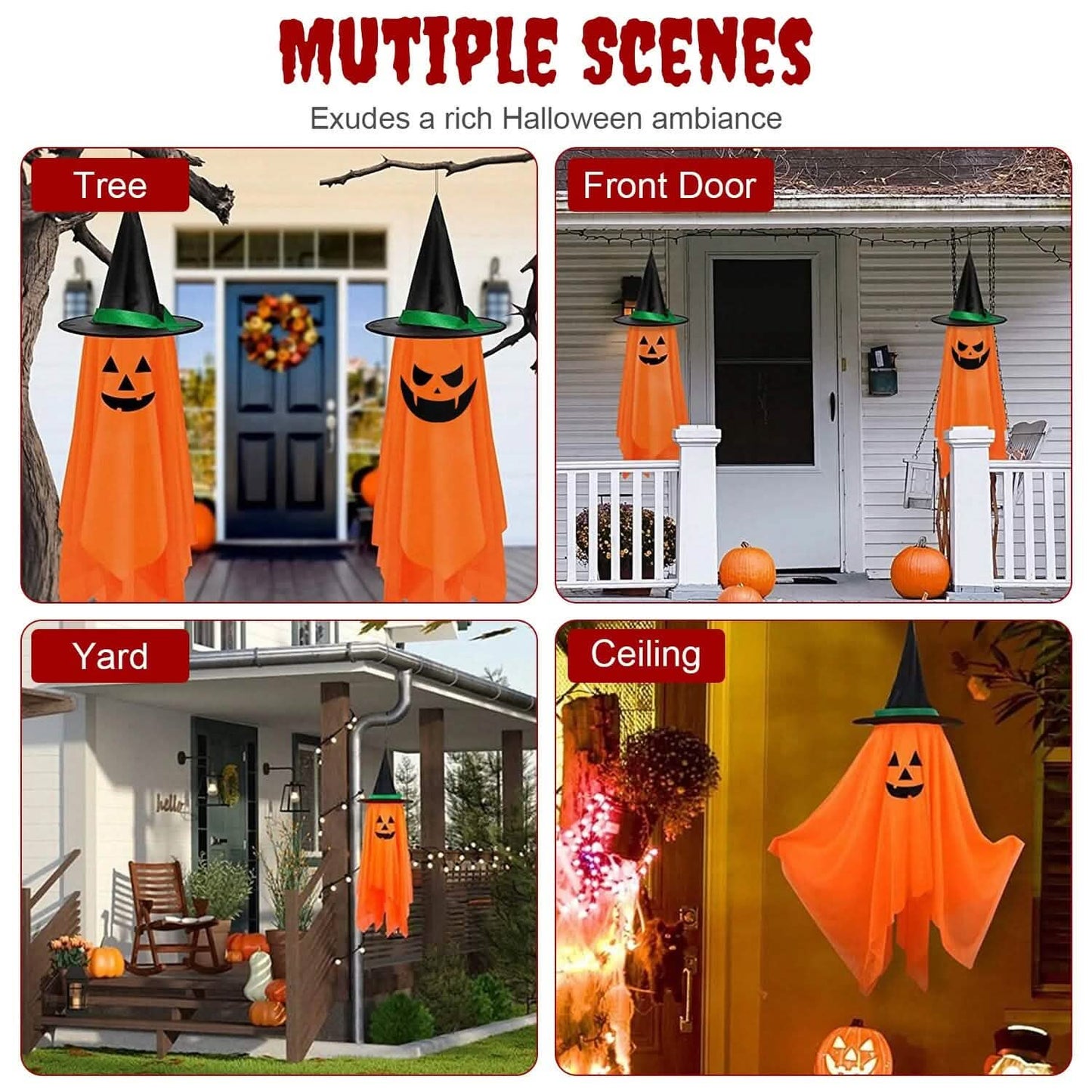 2-Pack: Hanging Ghosts with Wizard Hat Snicker Scary Face