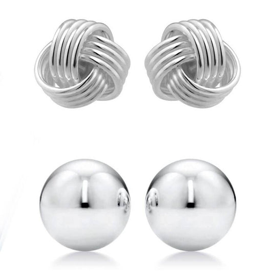 2-Pairs: Sterling Silver Love Knot and Ball Stud Earring Set
