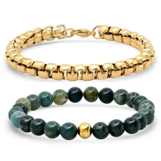 2-Piece: Green Agate Beaded and 18k Gold Plated Box Link Bracelet Set