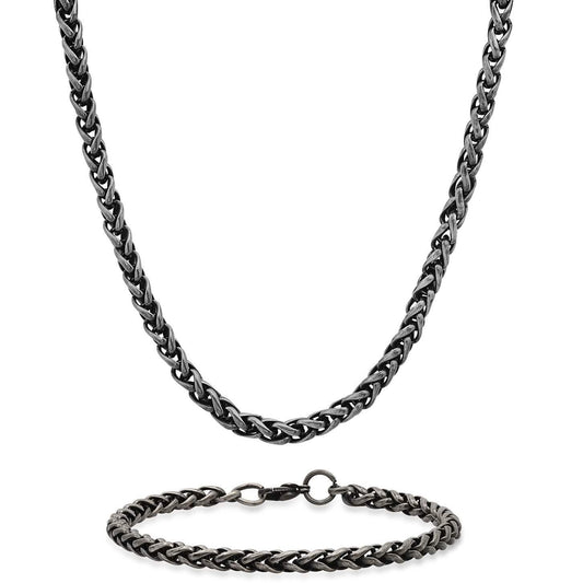 2-Piece: Men's Oxidized Stainless Steel Wheat Chain Necklace and Bracelet Set