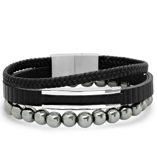 2-Piece Set: Men's Layered Black Leather, Stainless Steel and Hematite Beads Bracelet