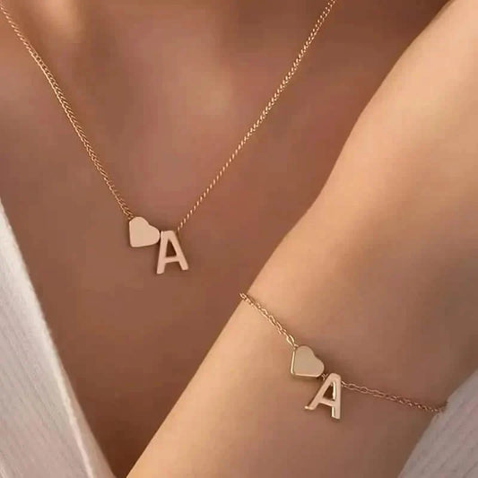 2-Piece Set: Metal Heart And English Letter Necklace And Bracelet
