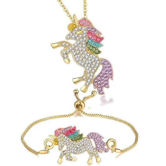 2-Piece Set: Rainbow-Colored Unicorn Necklace and Bracelet
