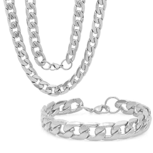 2-Piece Set: Stainless Steel Men's Line-Cut Cuban Link Chain 24" Necklace and 8-1/2" Bracelet Set