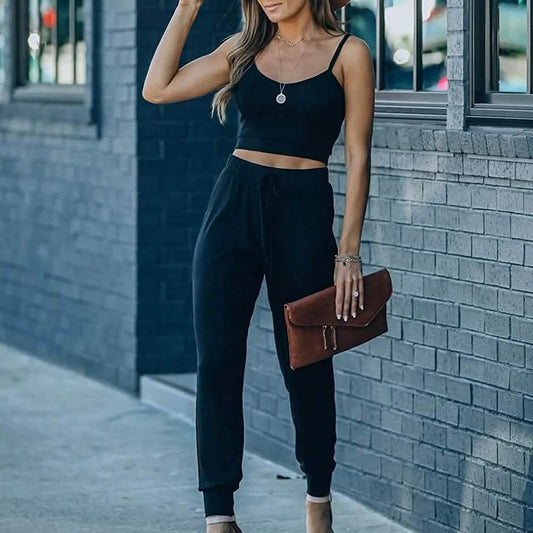 2-Piece: Women's Casual Outfit Ribbed Spaghetti Strap Top Ankle Length Joggers Sets