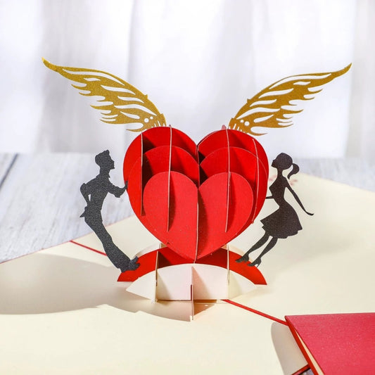 3D Laser-Cut Engagement Card: Red Heart & Romantic Silhouette