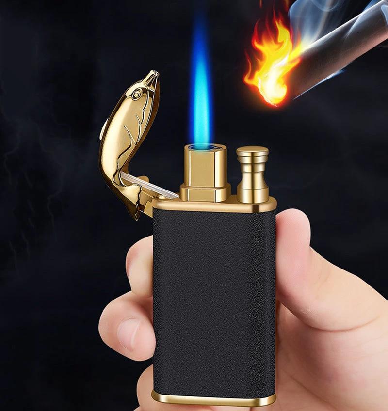 Mandotos Creative Blue Flame Lighter Dolphin Dragon Tiger Metal Windproof Double Flame Refillable