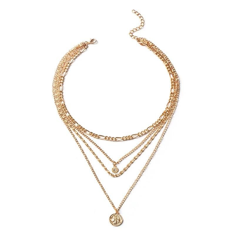 Mandotos Chunky Gold Layered Necklace With Coin Pendant And Sun Charm For Women