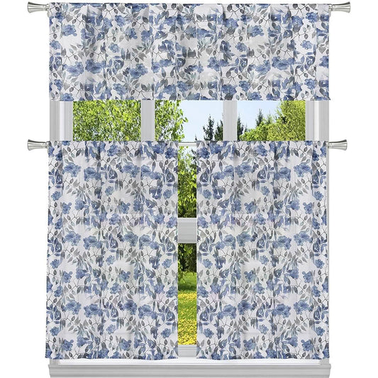 3-Piece: Chic Floral Pattern Semi-Sheer Kitchen Curtain Tier and Valance Set
