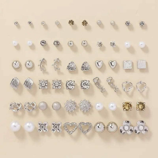 30-Pairs: Alloy Full Rhinestones Love Round Faux Pearl Letter Stud Earrings Set