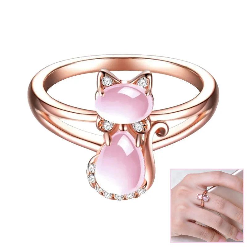 Rose Gold Crystal Cat Ring - Cute Animal Jewelry for Pet Lovers