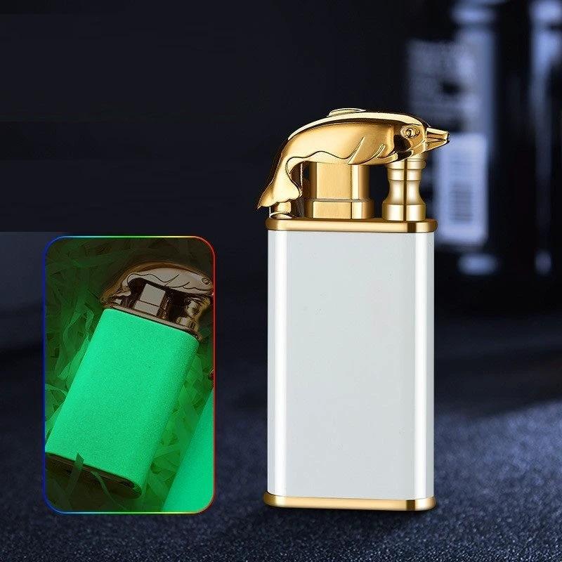 Mandotos Creative Blue Flame Lighter Dolphin Dragon Tiger Metal Windproof Double Flame Refillable