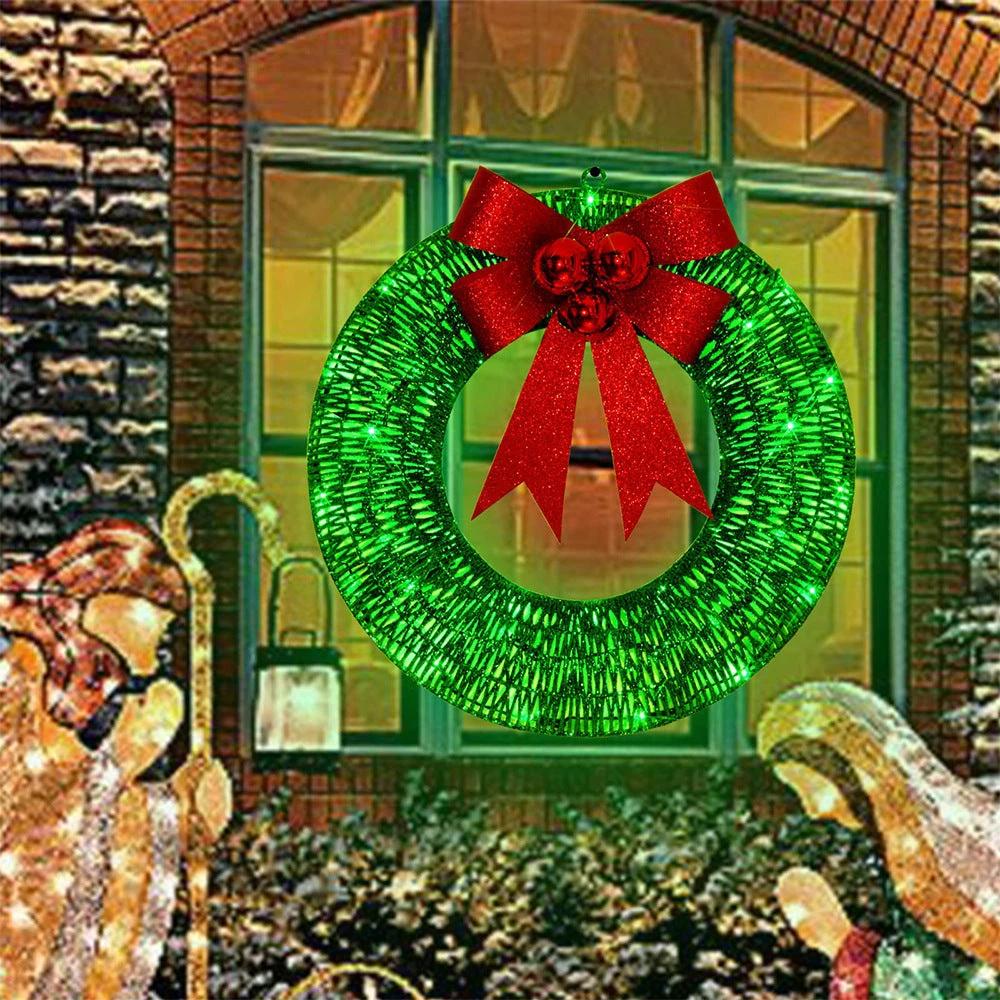 Mandotos Christmas Wreath 50cm Luminous LED Metal Garland Bowknot Front Door Hanging