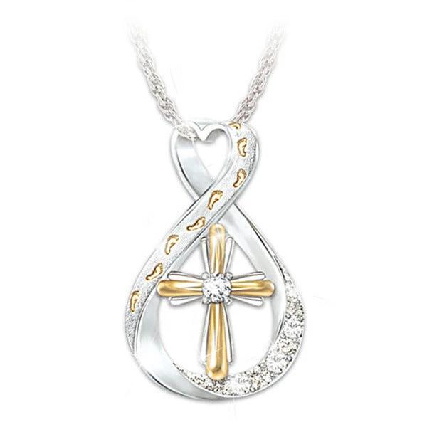 Mandotos Cross Footprint Diamond Pendant Two Tone Necklace