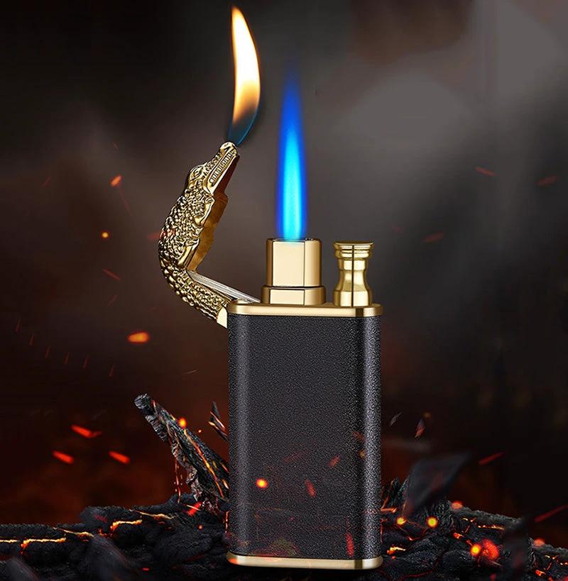 Mandotos Creative Blue Flame Lighter Dolphin Dragon Tiger Metal Windproof Double Flame Refillable