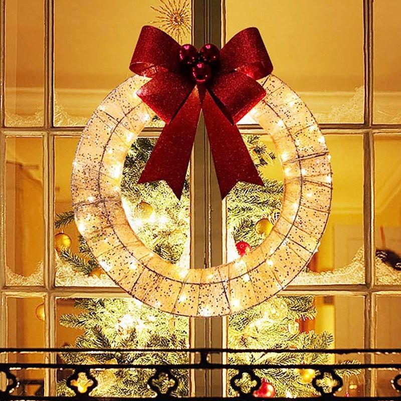 Mandotos Christmas Wreath 50cm Luminous LED Metal Garland Bowknot Front Door Hanging