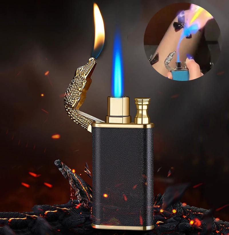 Mandotos Creative Blue Flame Lighter Dolphin Dragon Tiger Metal Windproof Double Flame Refillable