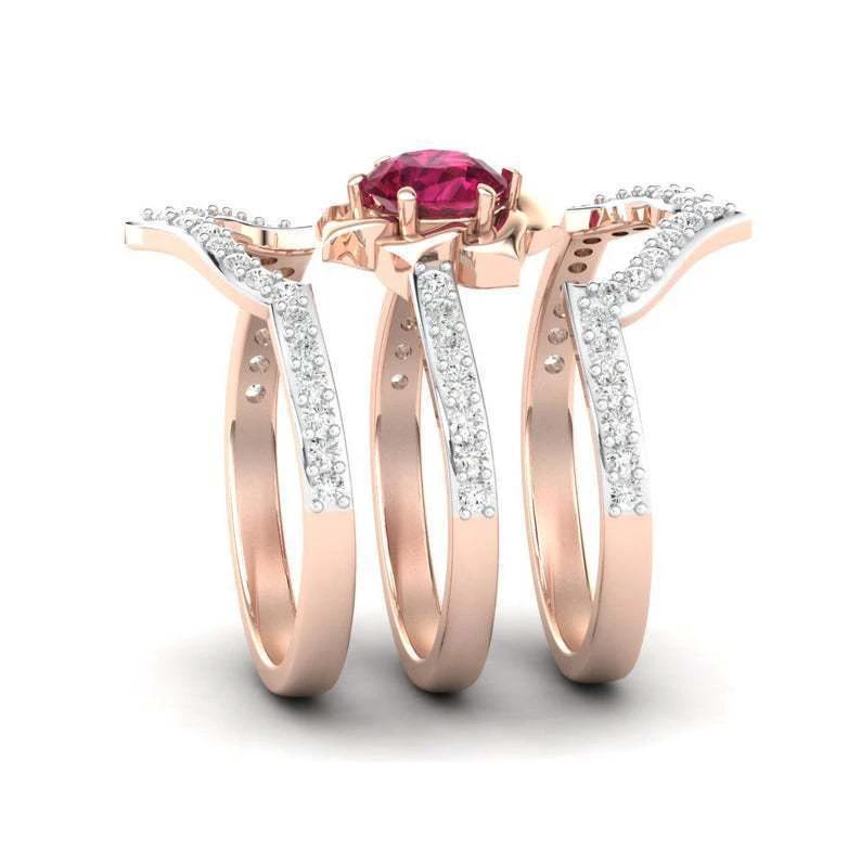 Rose Gold Flower Ring - Exquisite Engagement Wedding Band Set