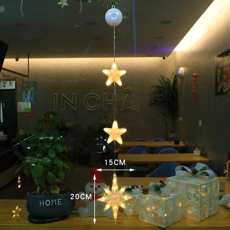 Christmas 3Pcs LED Star Hanging Lights For Home Decor Suction Cup Battery Powered