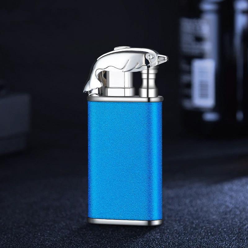 Mandotos Creative Blue Flame Lighter Dolphin Dragon Tiger Metal Windproof Double Flame Refillable