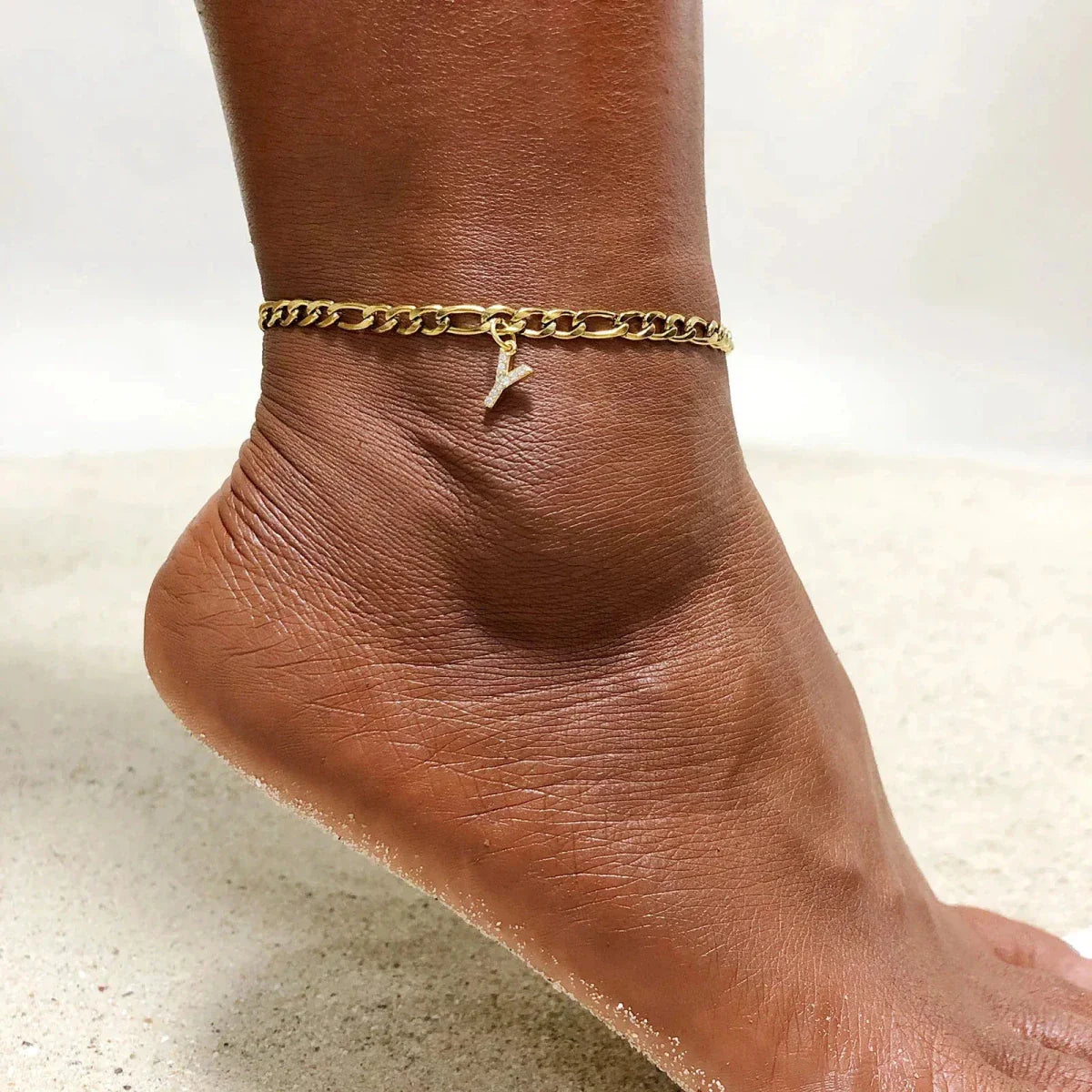 Mandotos Crystal A Z Letter Initial Anklets For Women Cuban Link Stainless Steel Beach Anklet
