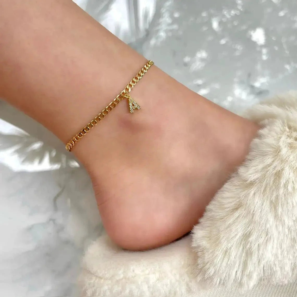 Mandotos Crystal A Z Letter Initial Anklets For Women Cuban Link Stainless Steel Beach Anklet