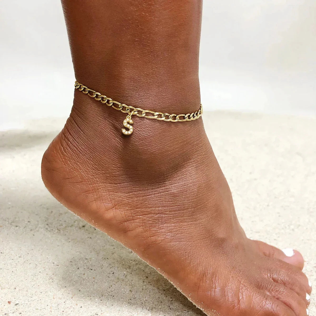 Mandotos Crystal A Z Letter Initial Anklets For Women Cuban Link Stainless Steel Beach Anklet