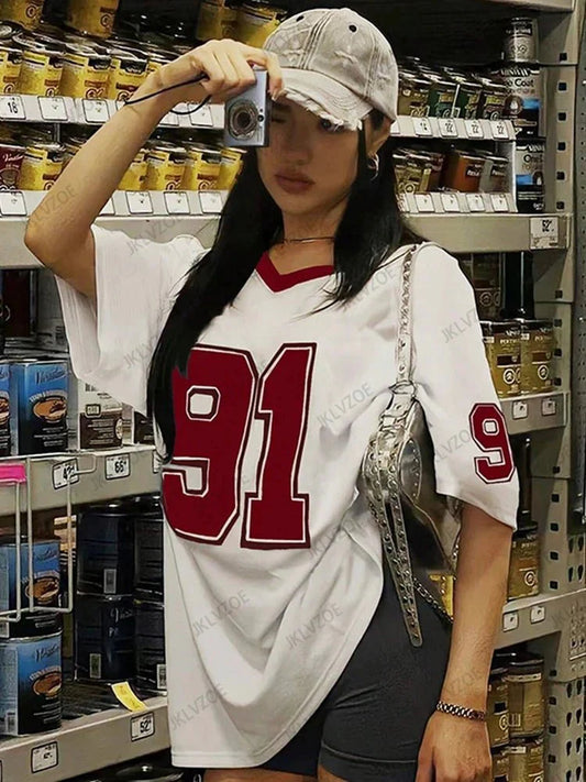 Summer New Retro No.91 Printed T-Shirt For Women V-Neck Short Sleeve Sports Football Jersey Y2K Loose Oversized Tops