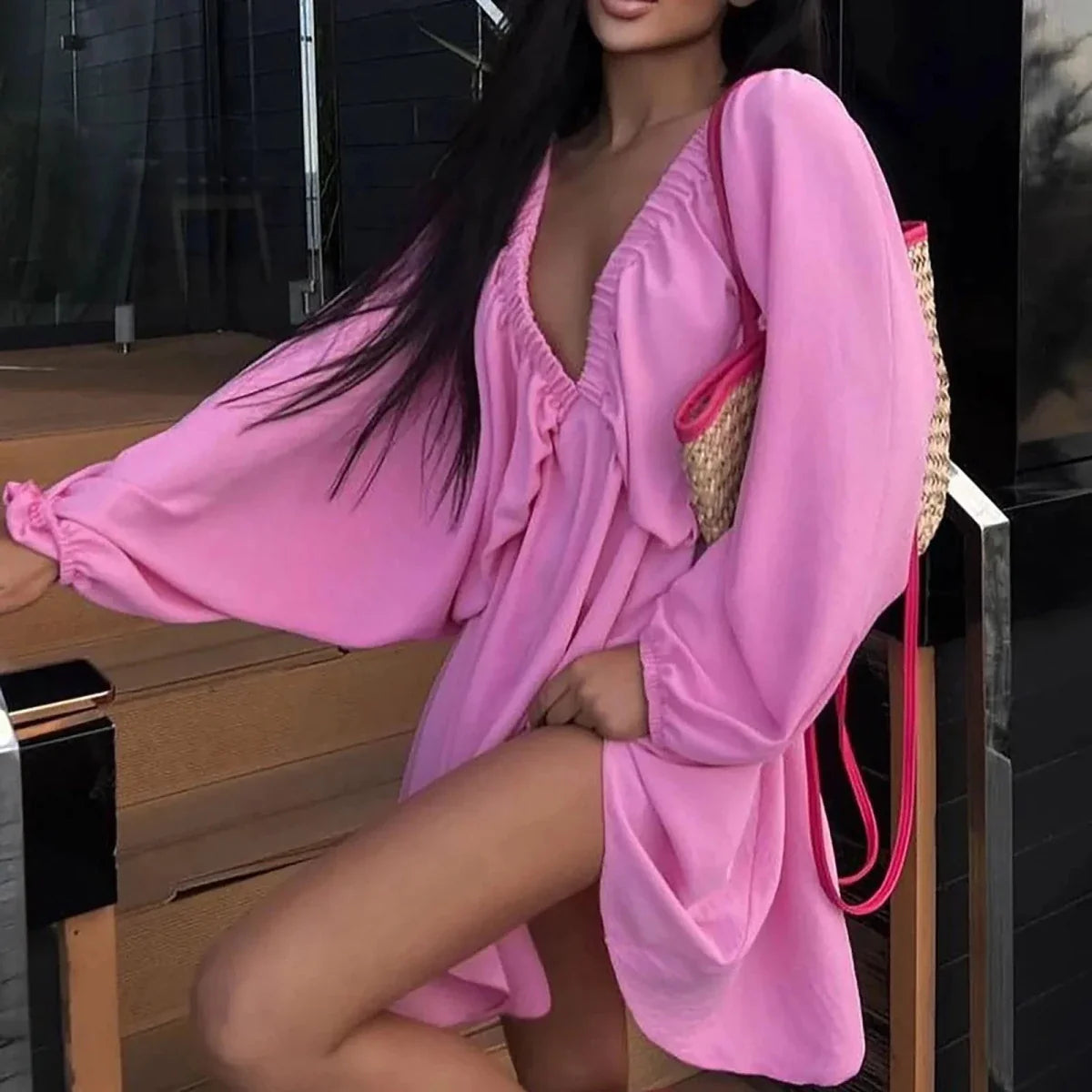 Mandotos Deep V Neck Retro Pleated Dress With Long Sleeves Pink Large Size For Women