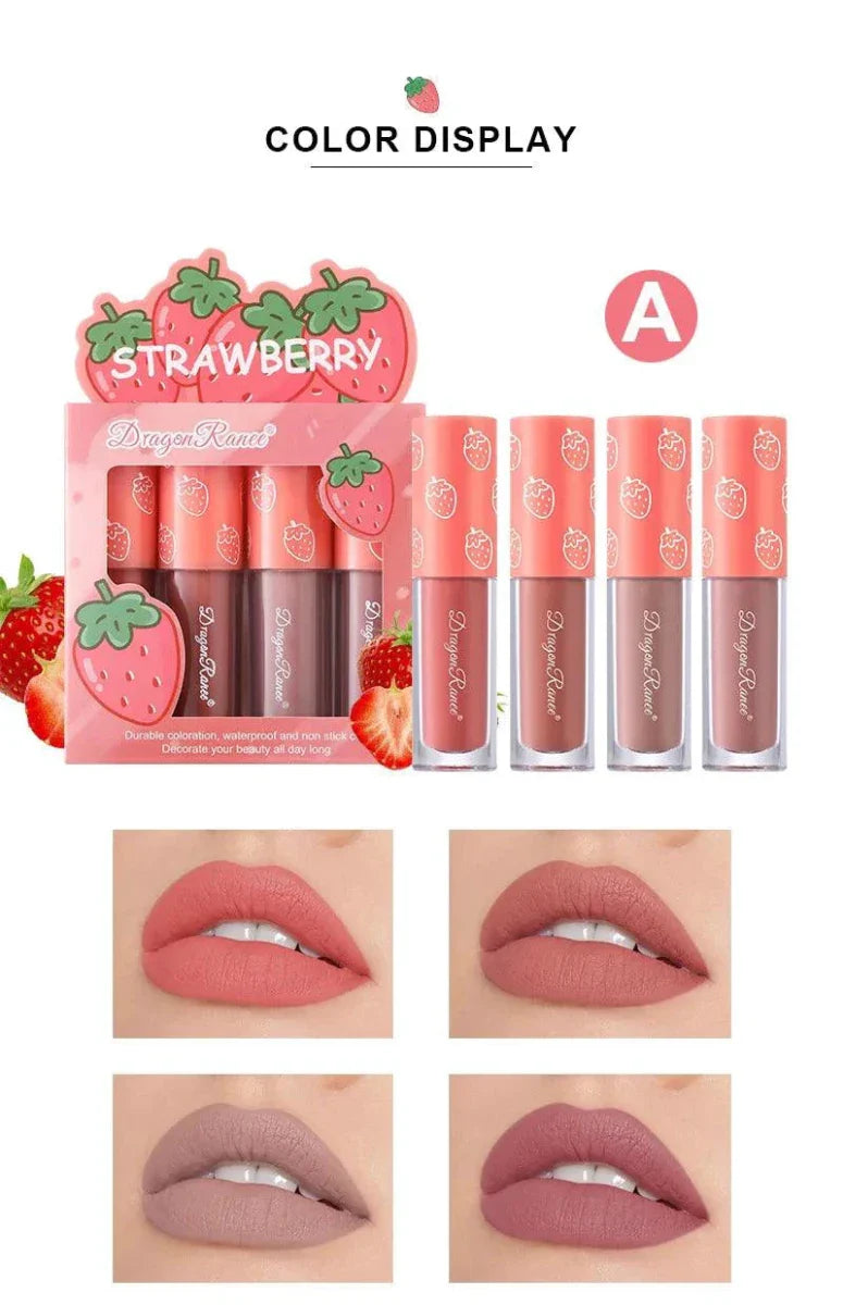 Mini Velvet Matte Lip Gloss Set 4 Piece Long Lasting Non Fading Non Stick Cup Fruit Scented Lip Tint Smooth Lightweight