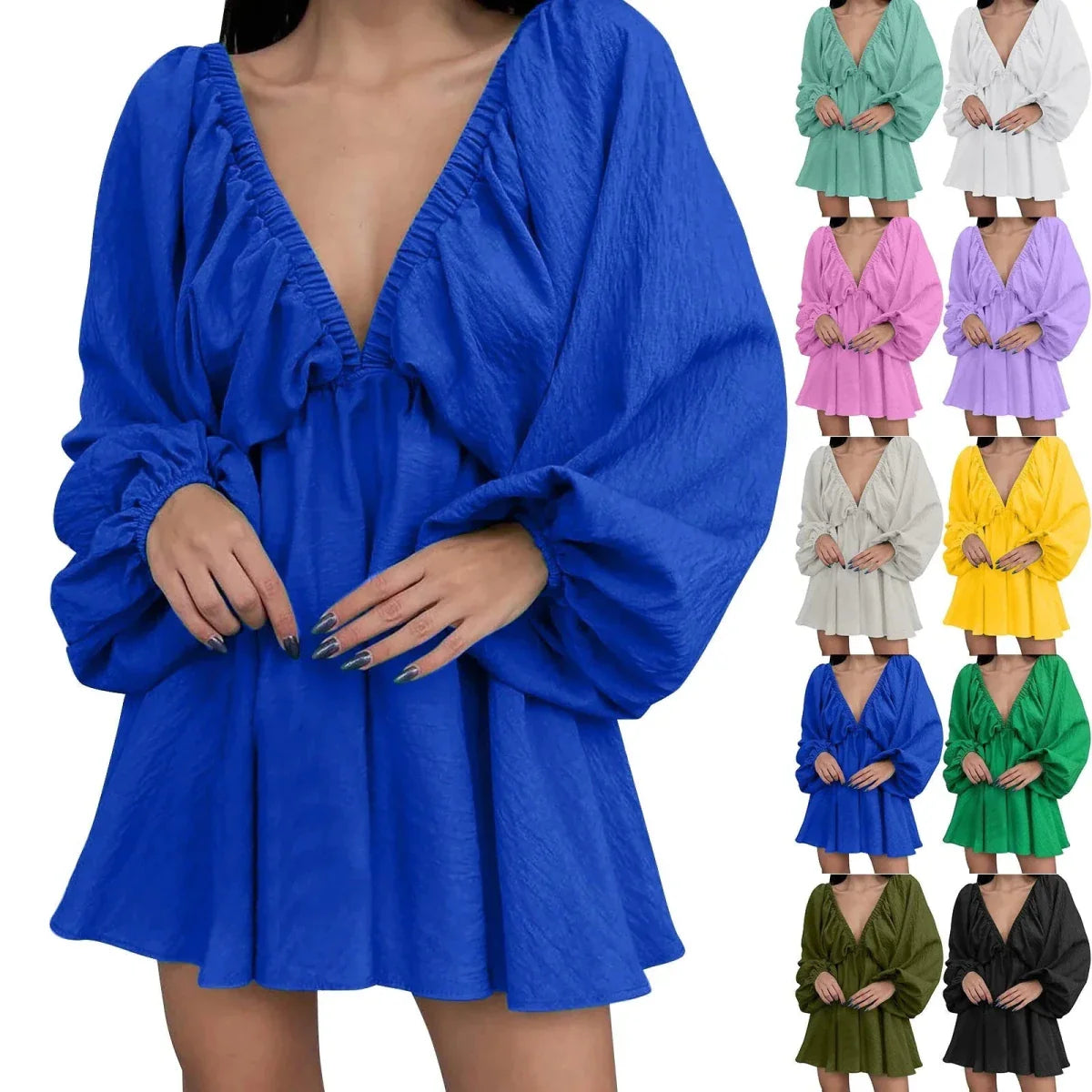 Mandotos Deep V Neck Retro Pleated Dress With Long Sleeves Pink Large Size For Women