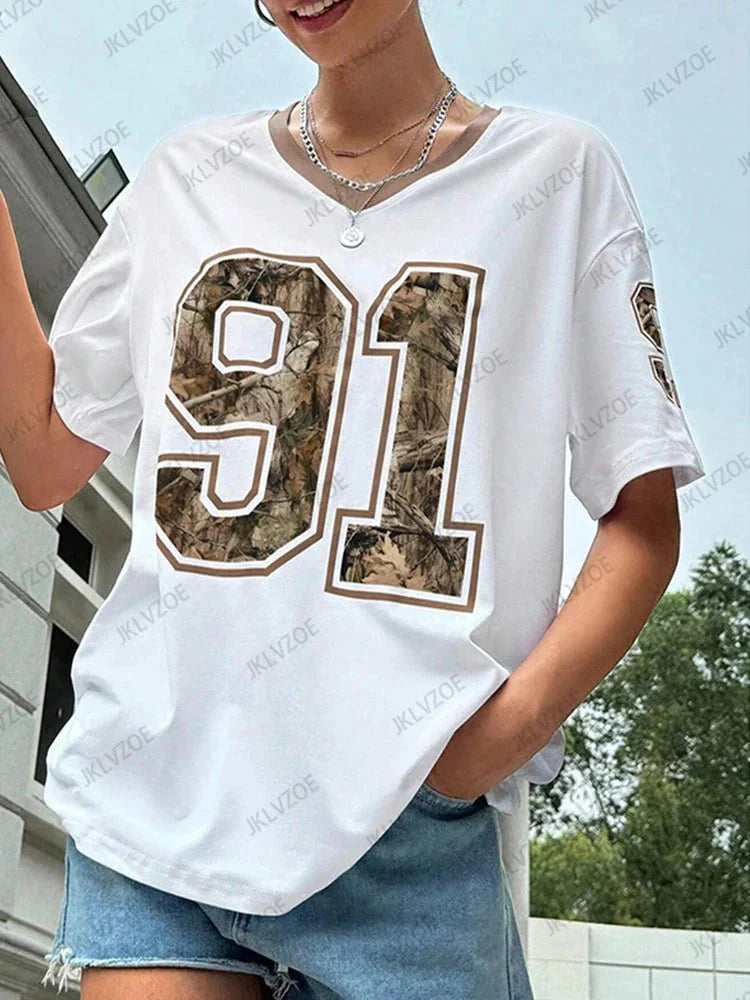 Summer New Retro No.91 Printed T-Shirt For Women V-Neck Short Sleeve Sports Football Jersey Y2K Loose Oversized Tops
