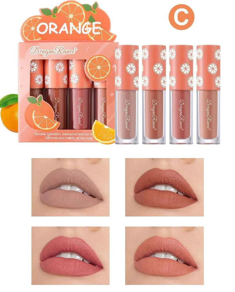 Mini Velvet Matte Lip Gloss Set 4 Piece Long Lasting Non Fading Non Stick Cup Fruit Scented Lip Tint Smooth Lightweight