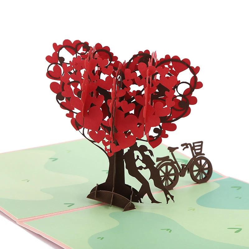3D Laser-Cut Engagement Card: Red Heart & Romantic Silhouette