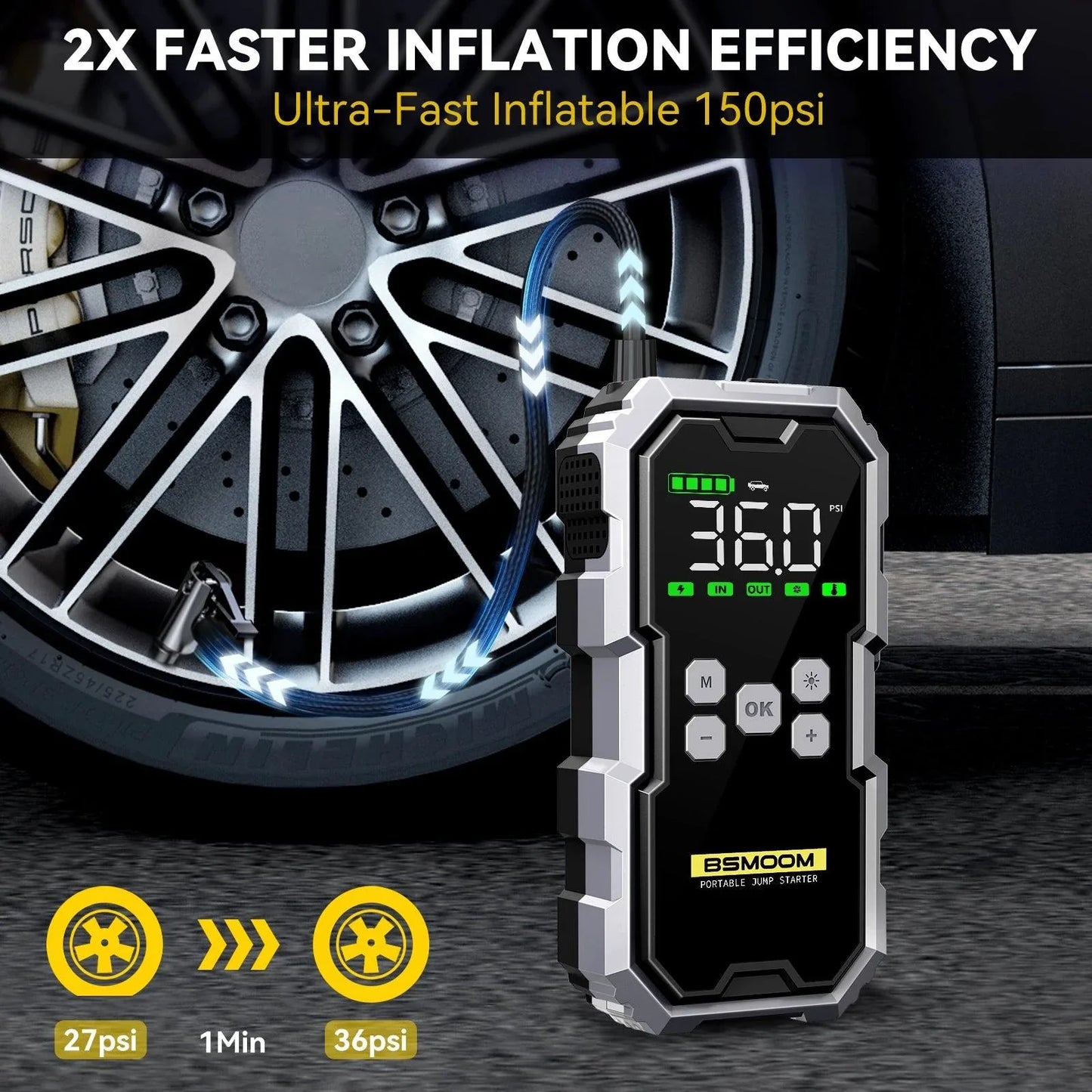 MANDOTOS Car Jump Starter Pro With Air Compressor 6000A 21800mAh LCD Display Portable Booster Charger