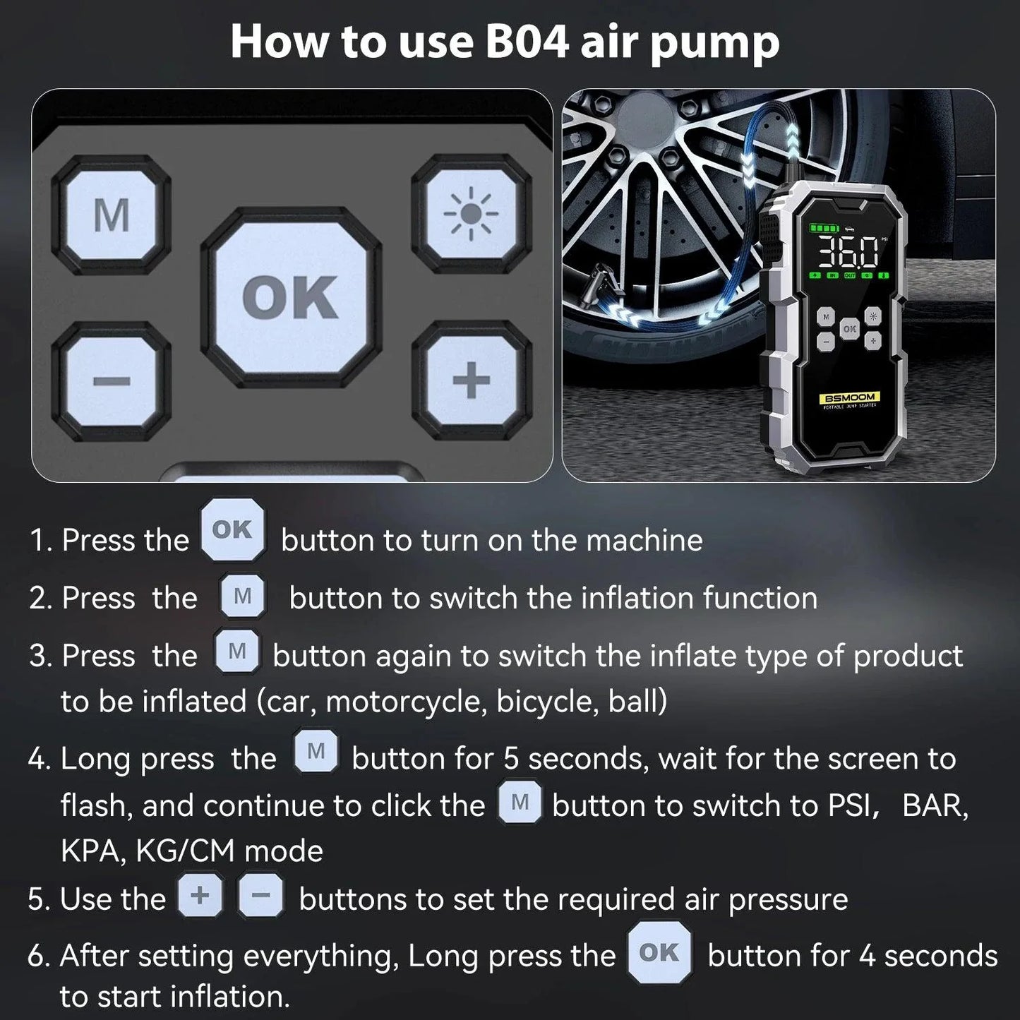MANDOTOS Car Jump Starter Pro With Air Compressor 6000A 21800mAh LCD Display Portable Booster Charger