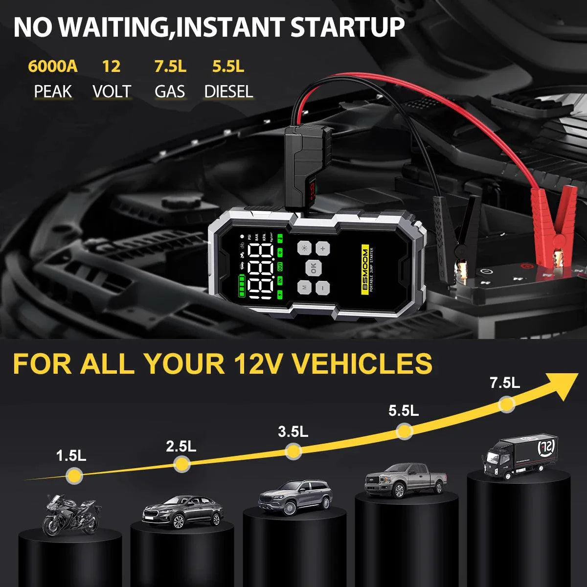MANDOTOS Car Jump Starter Pro With Air Compressor 6000A 21800mAh LCD Display Portable Booster Charger