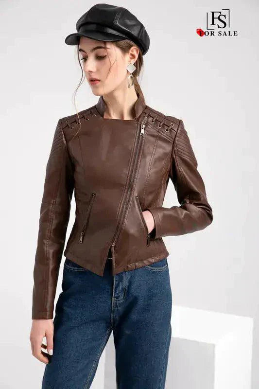 Mandotos Chic Feminine Black Leather Coat With Zipper Pockets And Biker Style Details
