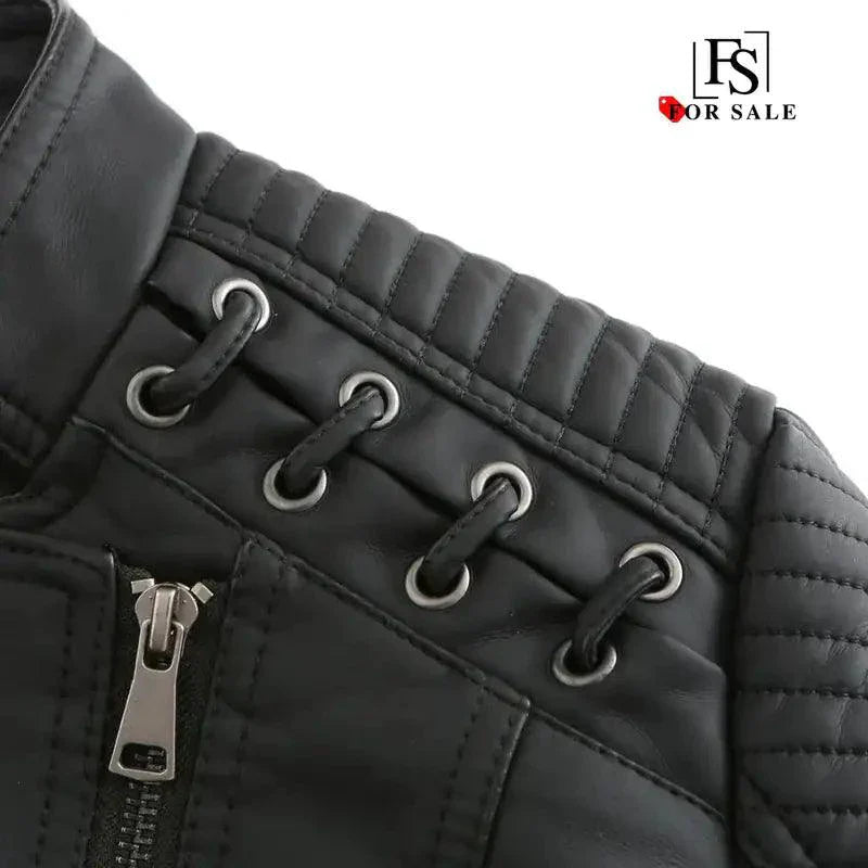 Mandotos Chic Feminine Black Leather Coat With Zipper Pockets And Biker Style Details