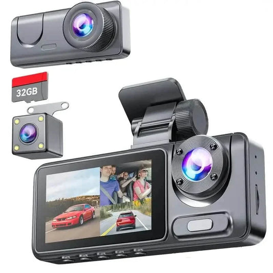 1080P Triple Dash Cam Front, Inside and Rear with 32GB Card, Night Vision, HDR & More